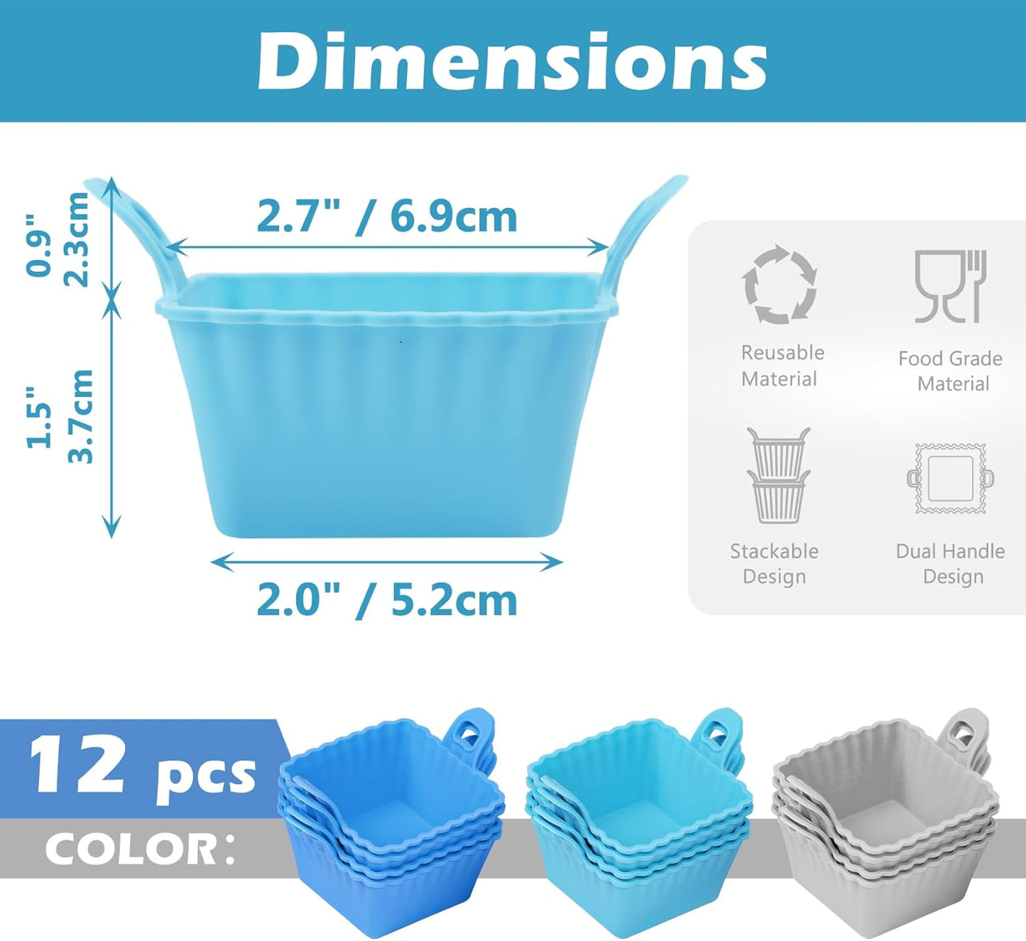 Koluti Reusable Silicone Baking Cups Set of 12, Nonstick Muffin Cupcakes Mold with Double Handle, BPA Free, Mini Square Air Fryer Cupcake Liners, 3 Colors