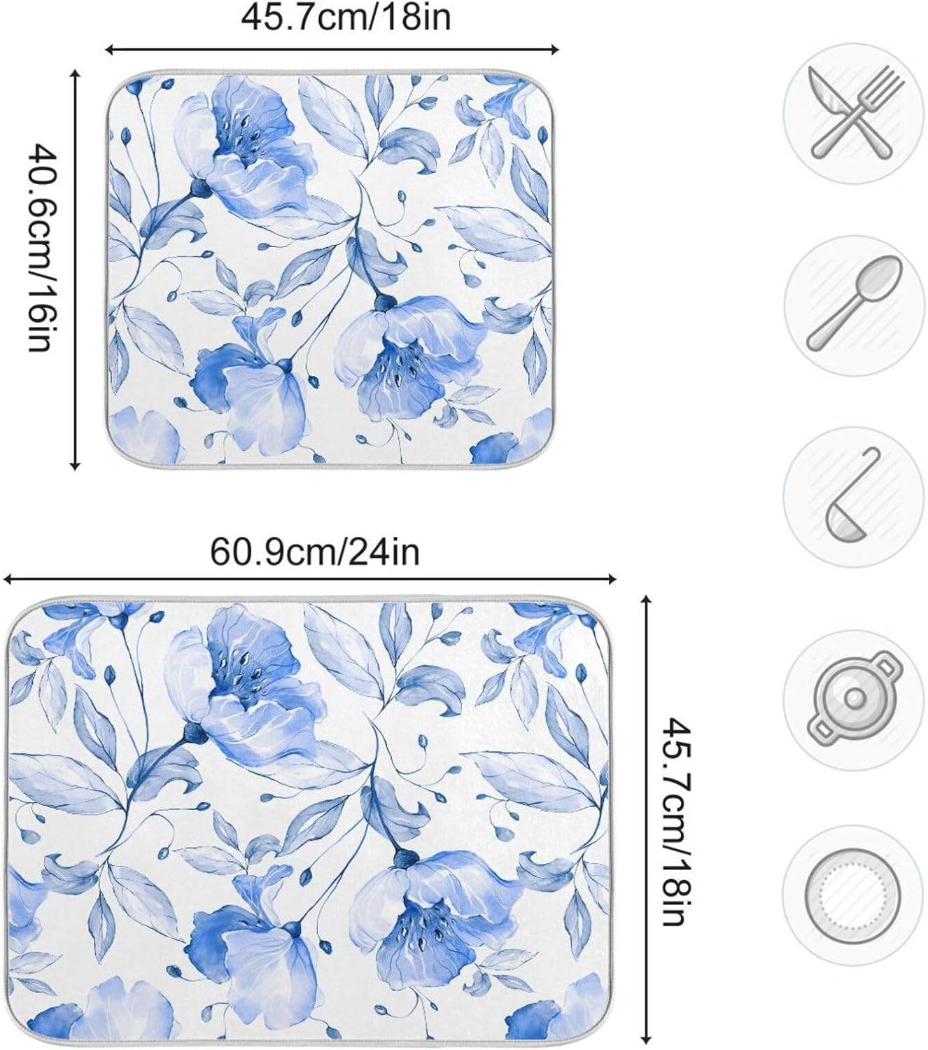 Spring Blue Flowers Leaves Dish Drying Mat for Kitchen Counter Absorbent Microfiber Drying Pad, Large 18x24 in, Reversible Drainer Mats