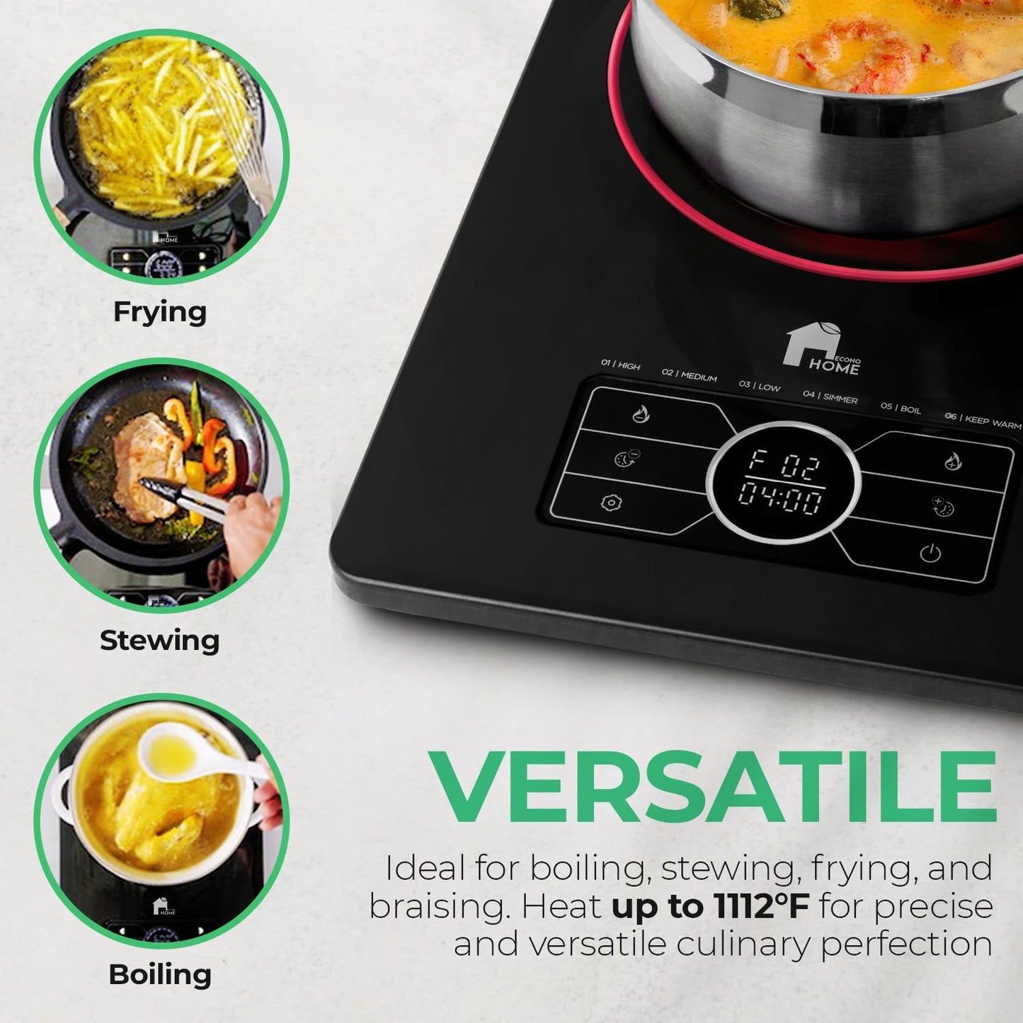 EconoHome Superconductor Portable Electric Stove - 1500W Extra Thin (0.71") & Suitable for All Types of Cookware Portable Cooktop with Touch Panel, Timer, Adjustable Heating Power, Auto-Shutdown
