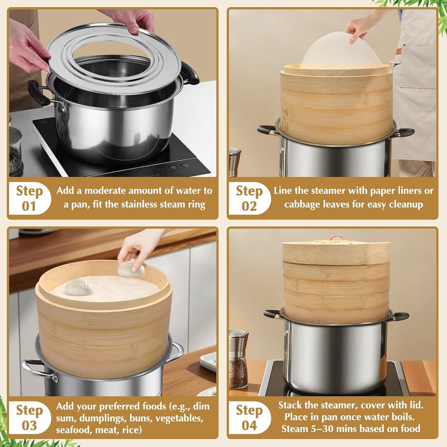 Bamboo Steamer 2 Tier 10-Inch Steaming Basket with Handle, Bun Vegetable Steam, Dumpling Steamer Bamboo Steam Basket, Chopsticks, Reusable Silicone Liner, Ring Adapter, for Chinese Asian Cuisine