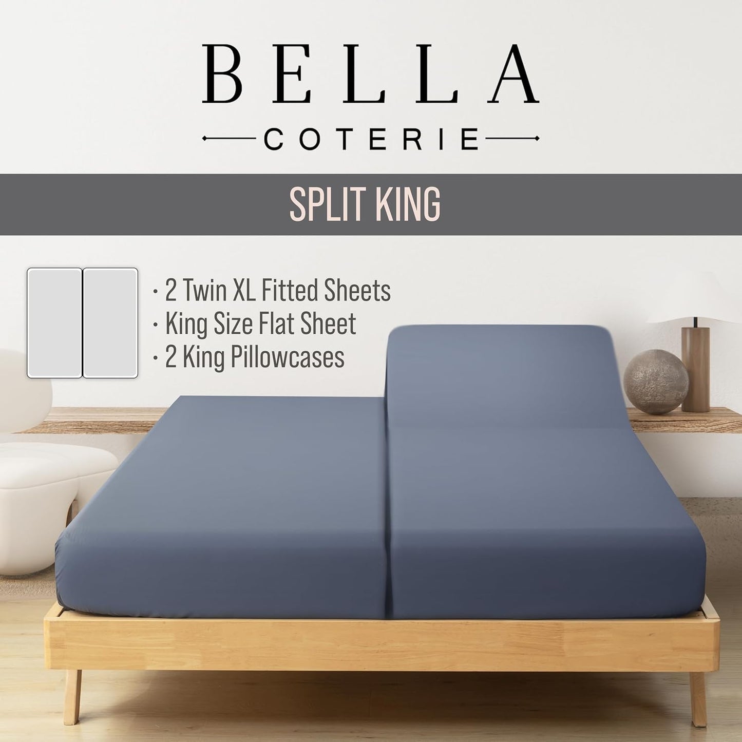 Bella Coterie Luxury Bamboo Viscose Split King Size Sheet Set | 100% Organically Grown | Ultra Soft | Cooling for Hot Sleepers | 18" Deep Pocket [Slate Blue]