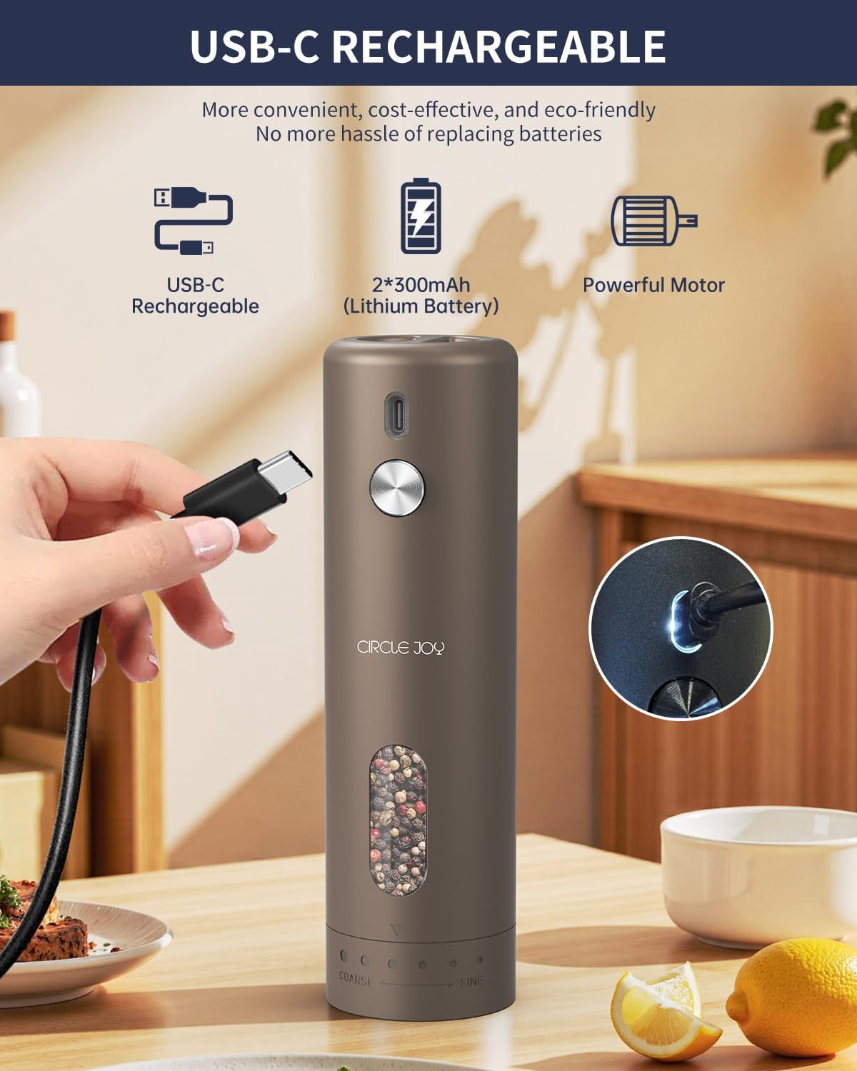 CIRCLE JOY Rechargeable Electric Salt and Pepper Grinder Set with Base, Automatic Pepper Mills with 110ml Container, External Adjustable Coarseness, White Led Light and One-Handed Operation, Brown