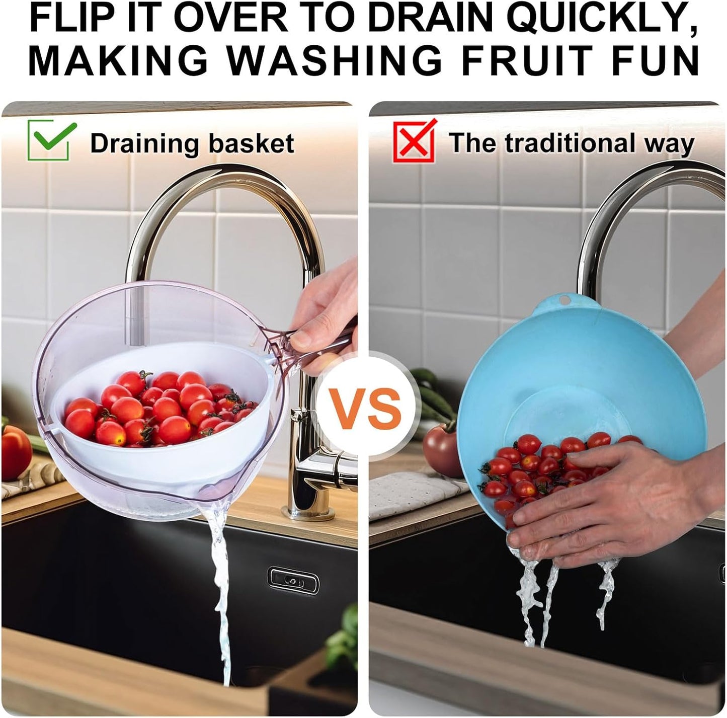 3-in-1 Kitchen Tool: Works as Rice Strainer, Fruit Washing Bowl with Strainer, Water Scoop. PET+PP Material, Rotatable Inner Basket for Easy Draining, Ideal for Rinsing Rice, Washing Fruits/Veggies.