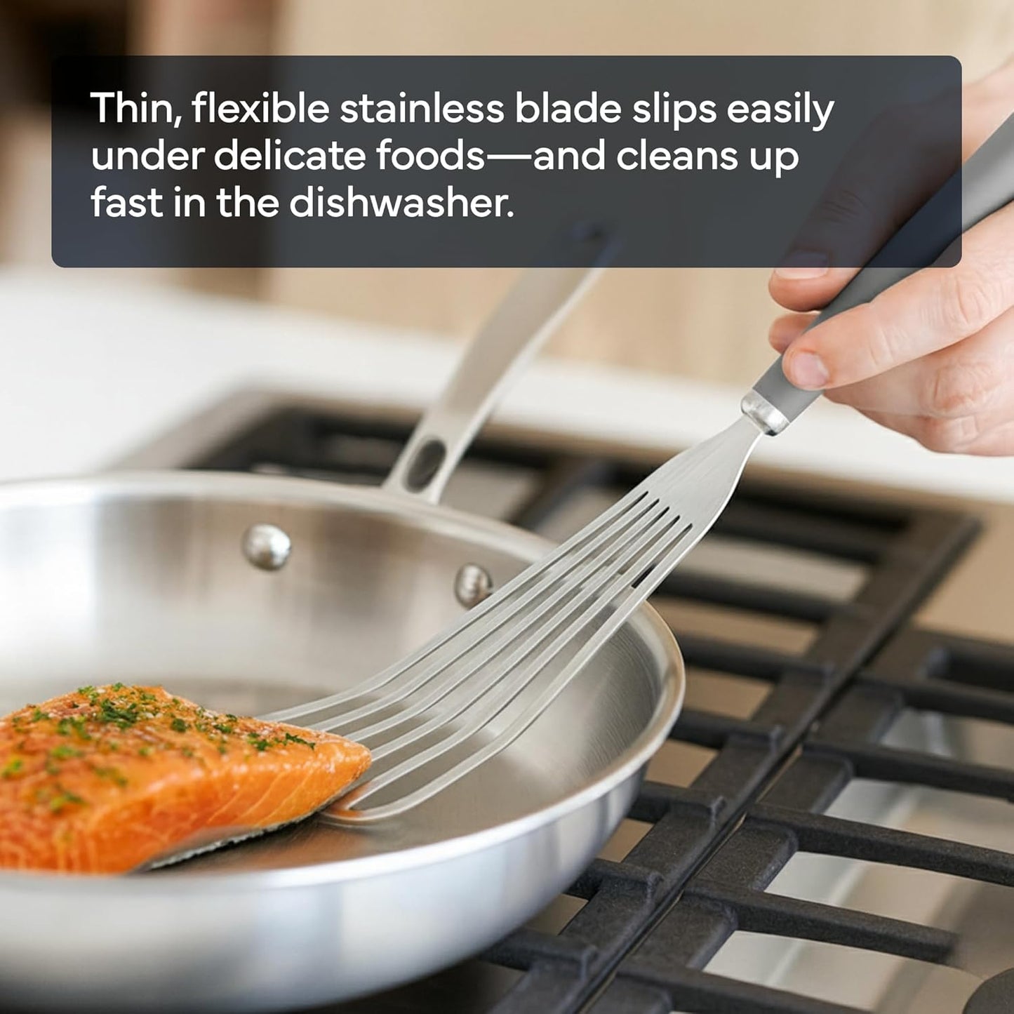 Misen Fish Stainless Steel Spatula - Slotted Turner for Cooking - Perfect for Frying - Heat Resistant - Dishwasher Safe -1mm Thick Flexible Flipper - Soft Silicone Grip Handle for Easy Use