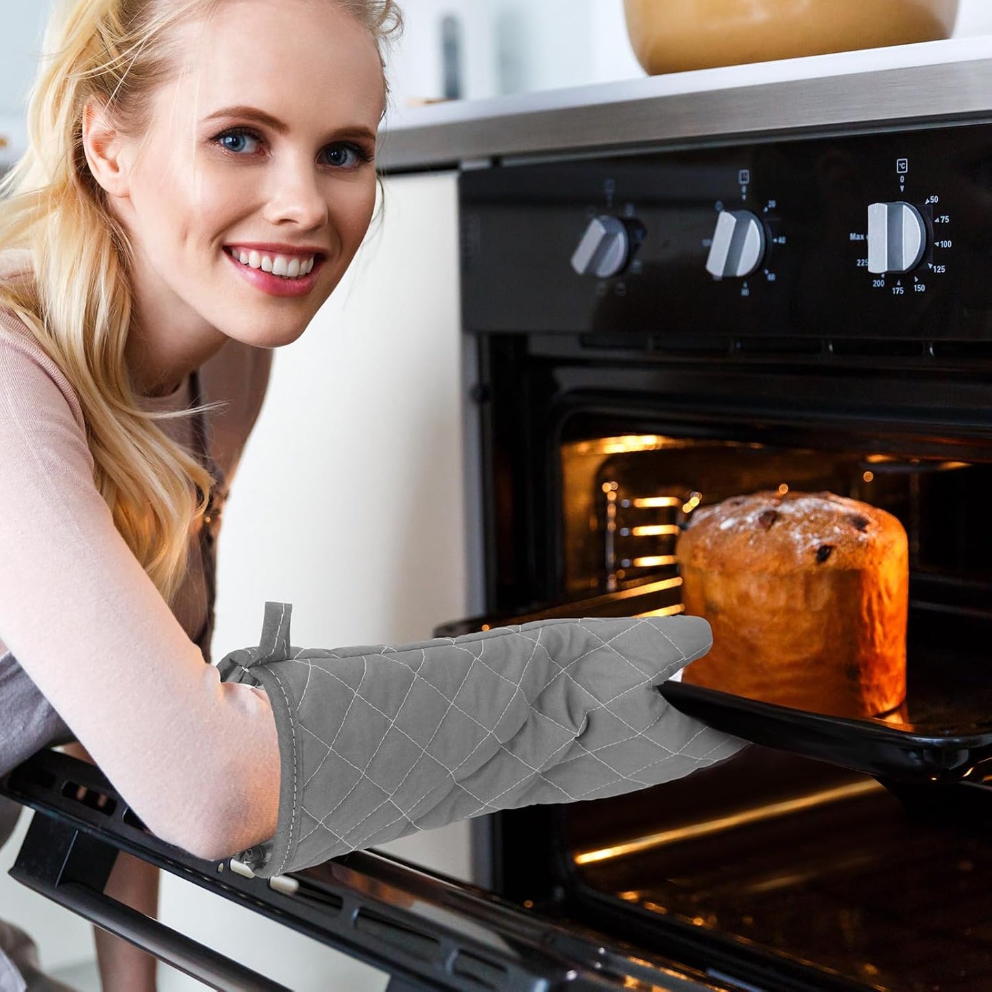 2 Pairs 17 Inch Extra Long Oven Mitts Heat Resistant Cotton Lining Oven Thick Gloves Kitchen Food Service Mittens for Pot Holders Cooking Baking BBQ, up to 482f (Grey)