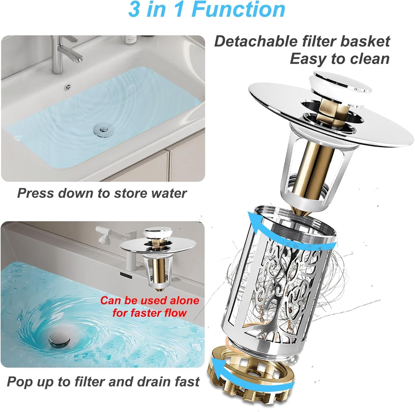 Bathroom Sink Drain Stopper, Bathroom Sink Drain Strainer with Pop Up and Removable Hair Catcher Basket, Universal for 1.06 to 1.6in Sink Drain, Chrome Silver