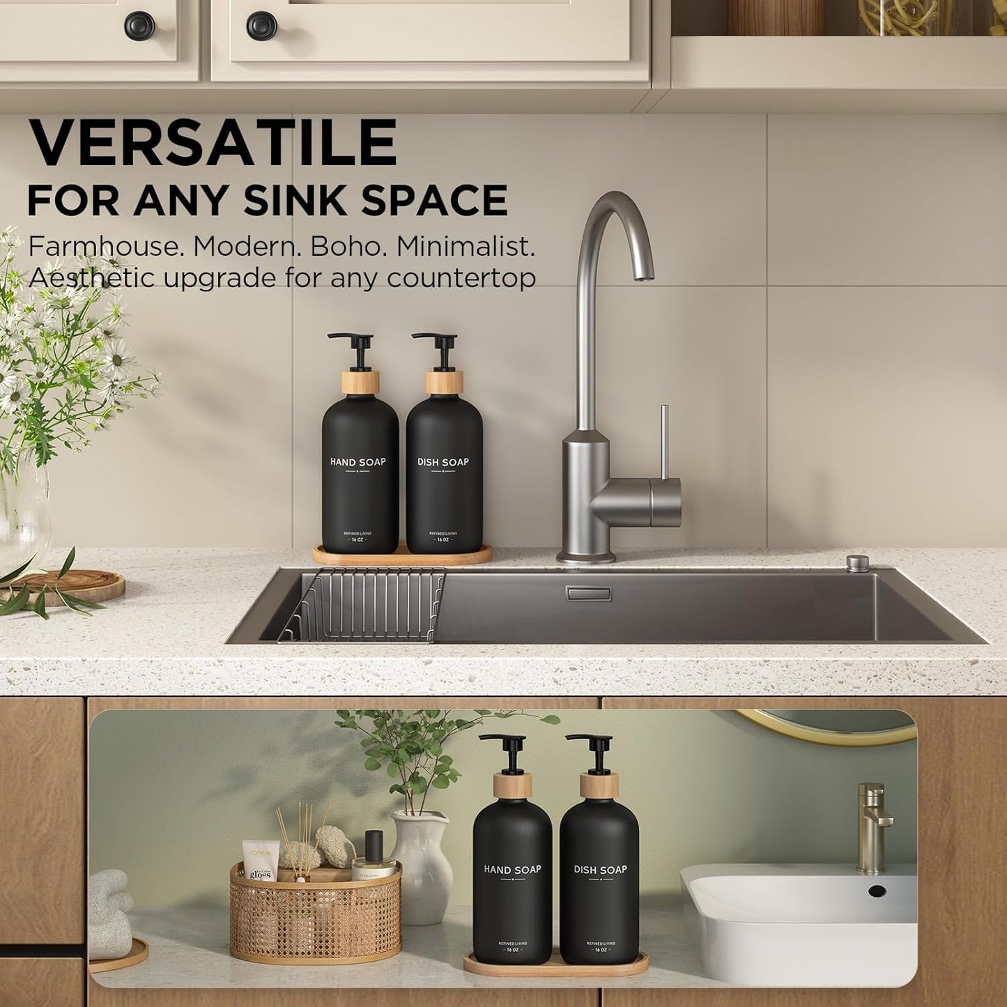 Hand and Dish Soap Dispenser Set,16oz Glass Bottles with Printed Labels, Bamboo Tray & Pump,Countertop Soap Dispensers for Kitchen,Luxury, Minimalist & Farmhouse Decor (Hand Dish (Black))