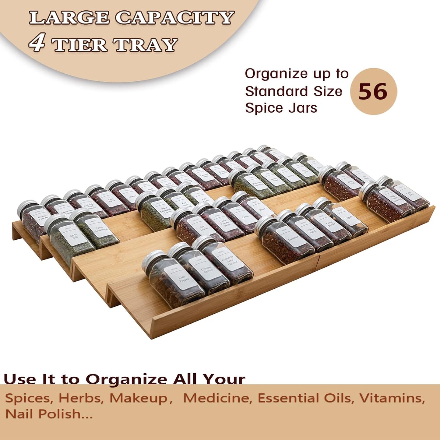Bamboo Spice Rack Drawer Organizer - 8-Piece Set - 13" Wide Per Piece - Combine Into 26" Wide Rack