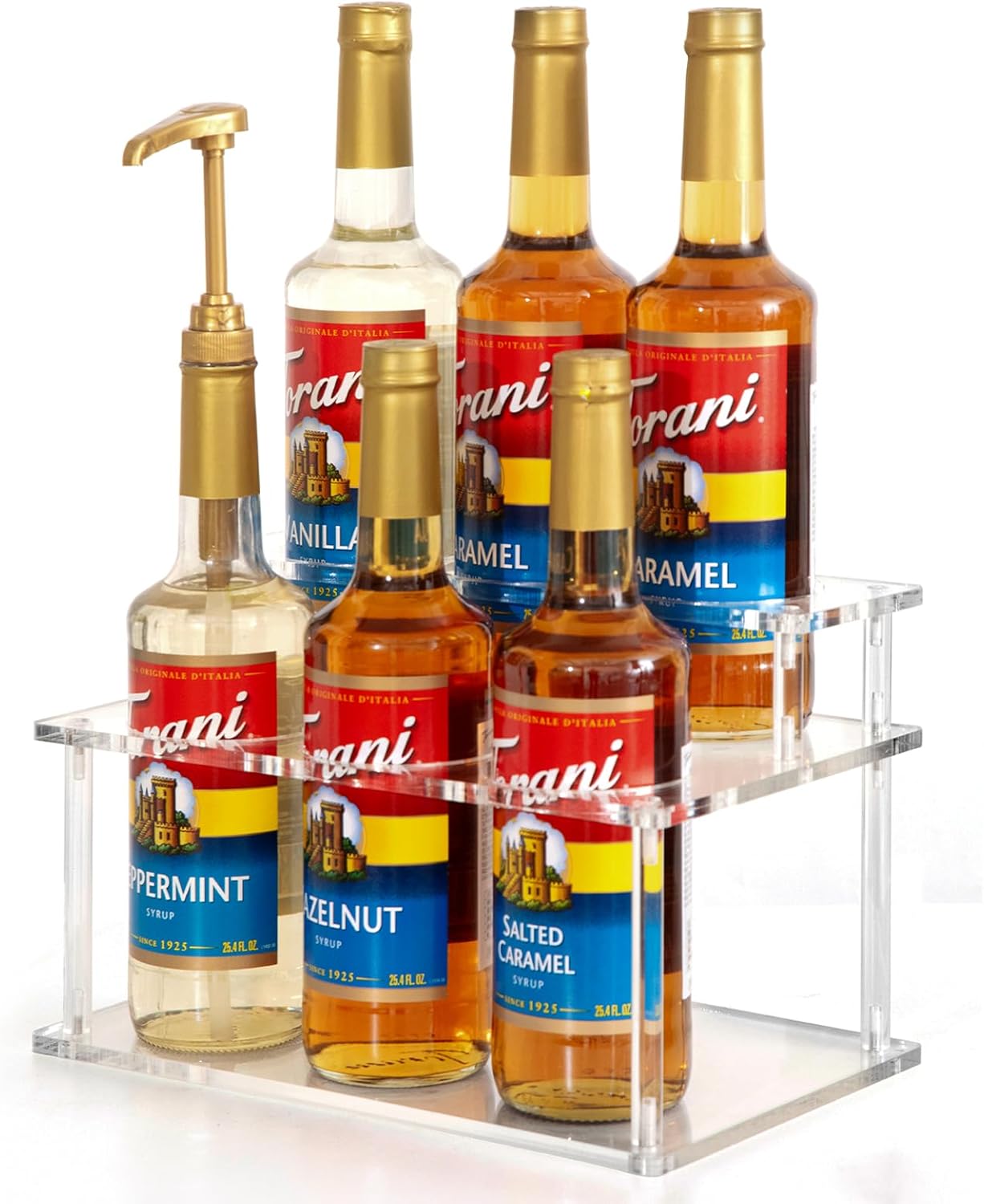 Acrylic Coffee Syrup Organizer, 2 Tier Coffee Syrup Rack (6 Bottle Capacity), Syrup Bottle Holder Stand for Coffee Bar, Kitchen Countertop Syrups, Condiments and Wine (Transparent)