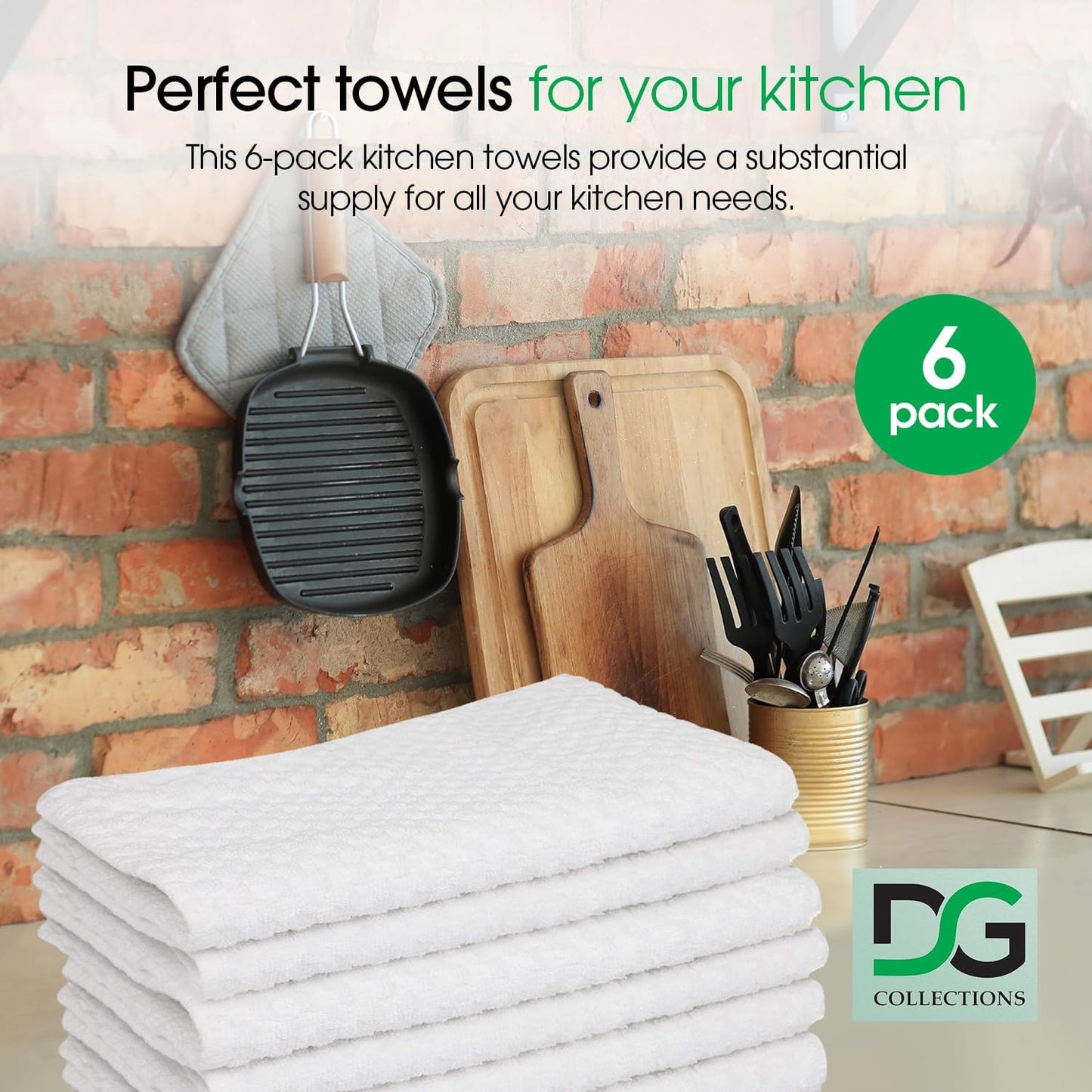 DG Collections Terry Dish Towels, 100% Cotton Kitchen Towels, Set of 6 (18x28 inch) Hand Towels - 400 GSM, Absorbent Terry Cloth Dish Towels for Kitchen, Soft Tea Towels - White Color