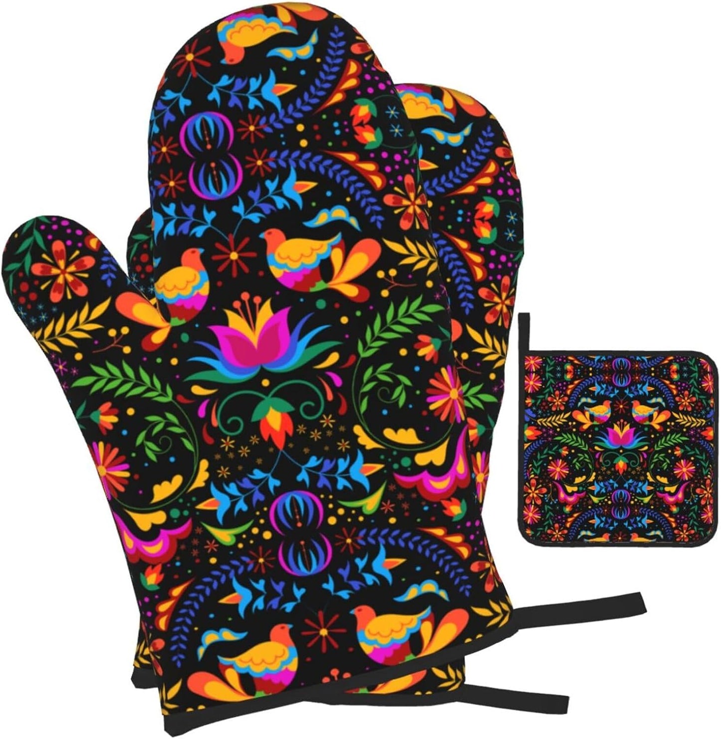 Mexican Floral Oven Mitts and Pot Holders Sets of 3 Heat Resistant Mexican Flower Hot Pads Oven Gloves for Kitchen Cooking BBQ Baking, Black