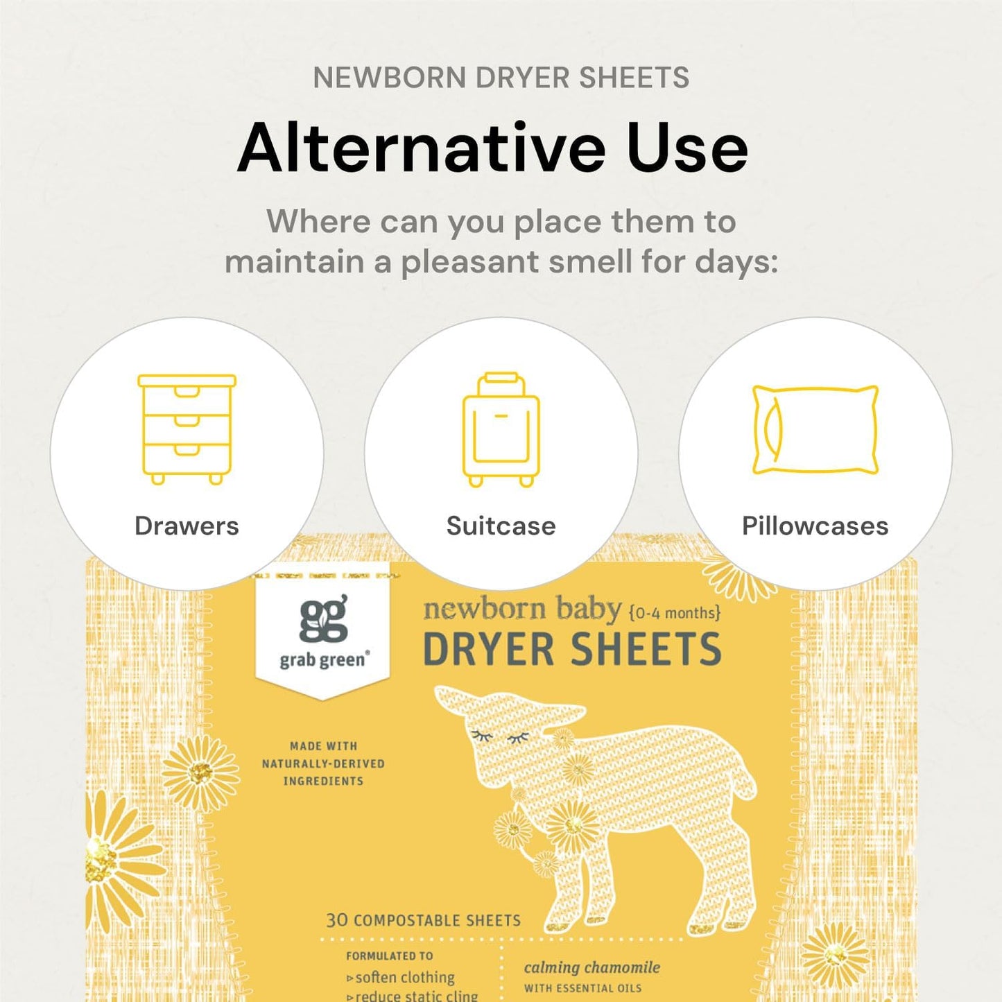 Grab Green Newborn Baby Dryer Sheets, 120 Sheets, Chamomile Scent, Plant and Mineral Based, Compostable, Softens Clothing and Linens, Reduces Static Cling