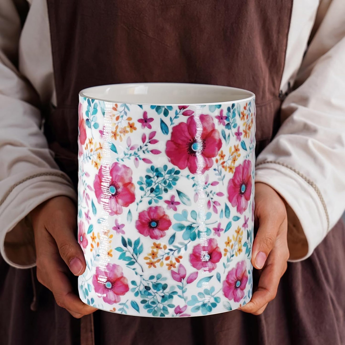 Kitchen Utensil Holder,7.2″Extra Large Stable Pattern Ceramic Utensil Crock,Utensil Organizer for Countertop,Kitchen Decor,Utensil Holder for Housewarming,Wedding Gift (Purple Red)