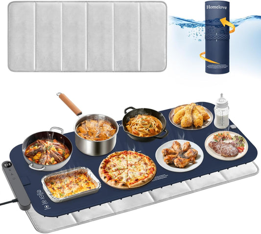 Homelove Food Warming Mat Waterproof - Electric Warming Tray with 6-Level Temperature and Hours Setting, Full Surface Graphene Heating, Dishwasher-Friendly Food Warmer Mat for Parties, Kitchen (Blue)
