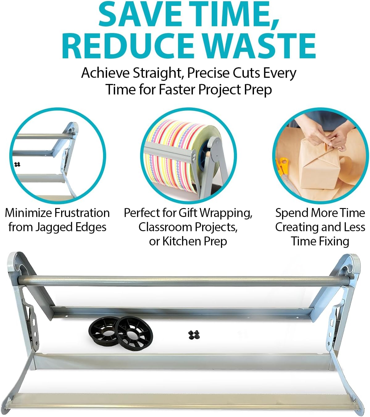 18" Wide Roll Paper Dispenser with Cutter for Desktop – Roll Dispenser with Serrated Cutter – Fits Craft, Freezer, Wrapping, Butcher Paper Roll or Cling Film – Heavy-Duty, Grey