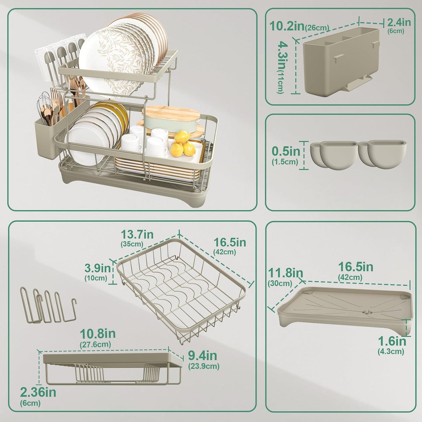 Dish Drying Rack, 2-Tier Dish Drying Rack with Utensil Holder – Large Capacity Auto-Draining Dish Drainer with Drainboard for Kitchen Counter, Grey