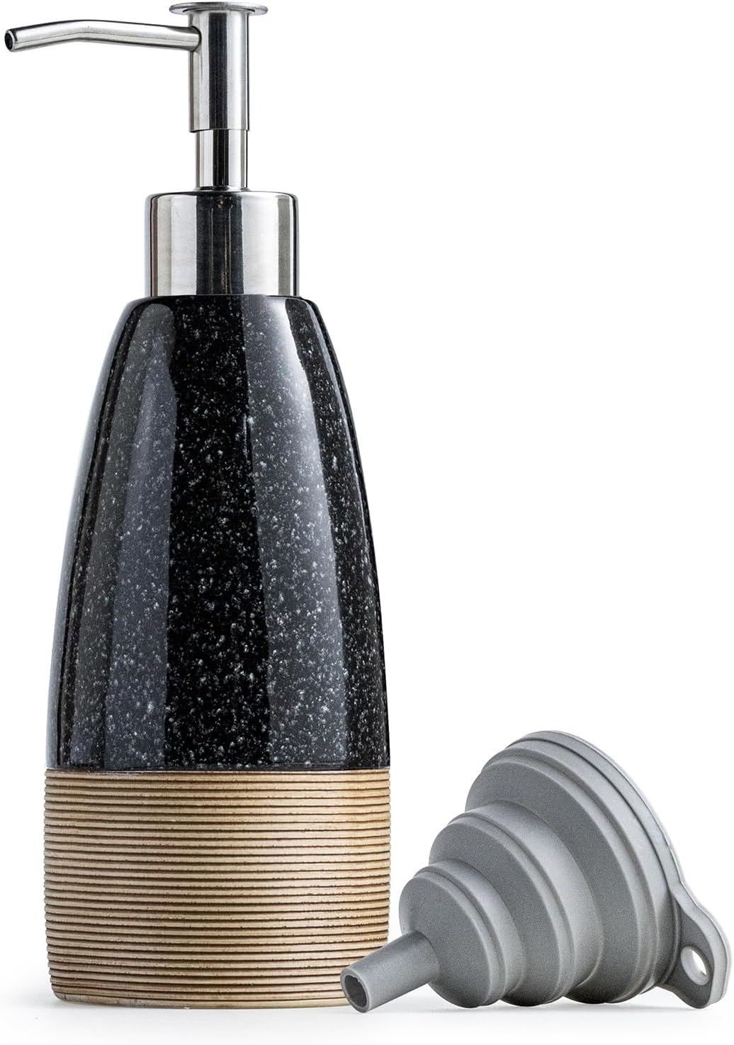 Ceramic Dish Soap Dispenser with Plastic Pump & Stainless Steel Pump for Hand Soap, Shampoo, Lotion, Conditioner, 12 oz Refillable Soap Bottle with Silicone Funnel for Bathroom & Kitchen, Black