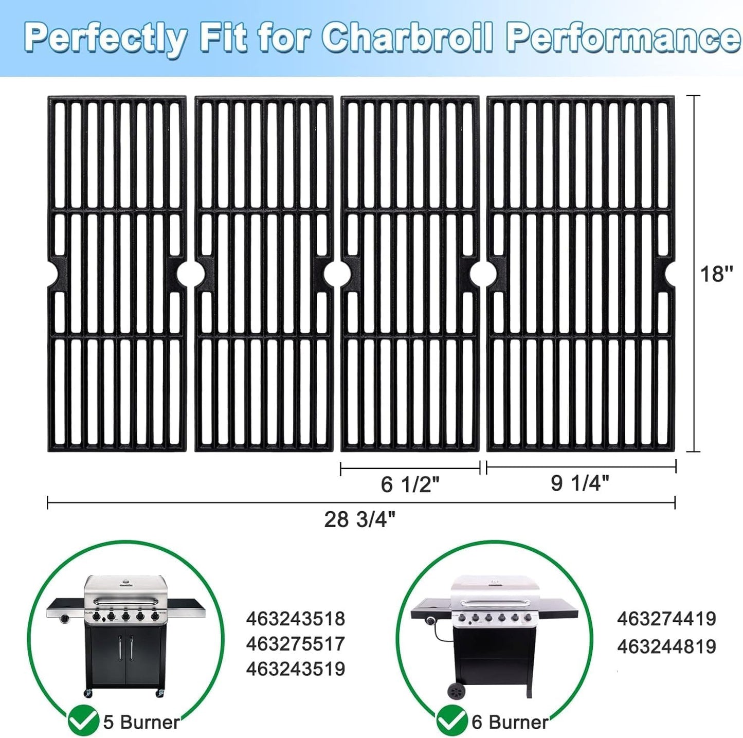 Adviace 18 Inch Cast Iron Grill Grates for Charbroil Performance 463243518, 463275517, 463243519, 463274419, 463274819. Cooking Grid Grates for Char-Broil Grill Replacement Parts