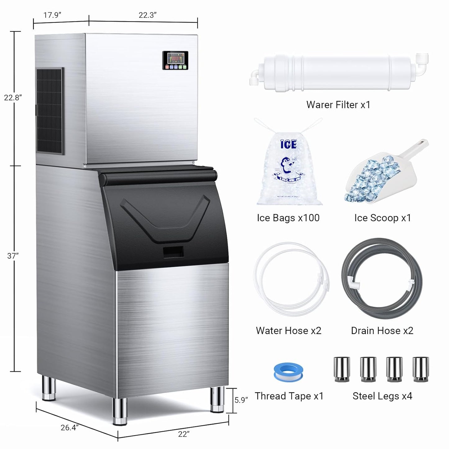 500LBS/24H Commercial Ice Machine Maker, 320LBS Capacity Large Industrial Ice Maker, Clear Ice Cubes Ready in 5-15min, Micron Water Purification Filter 99% impurities, for Cafe, Bar