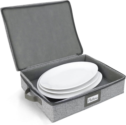 HOMELUX THEORY Platter Storage, Light Gray Hard Shell China Storage Containers With 5 FeltPads, Kitchen Storage Bins With Lids, Heavy Duty Moving Box for Packing Dishes, Dinner Plate,& Dinnerware