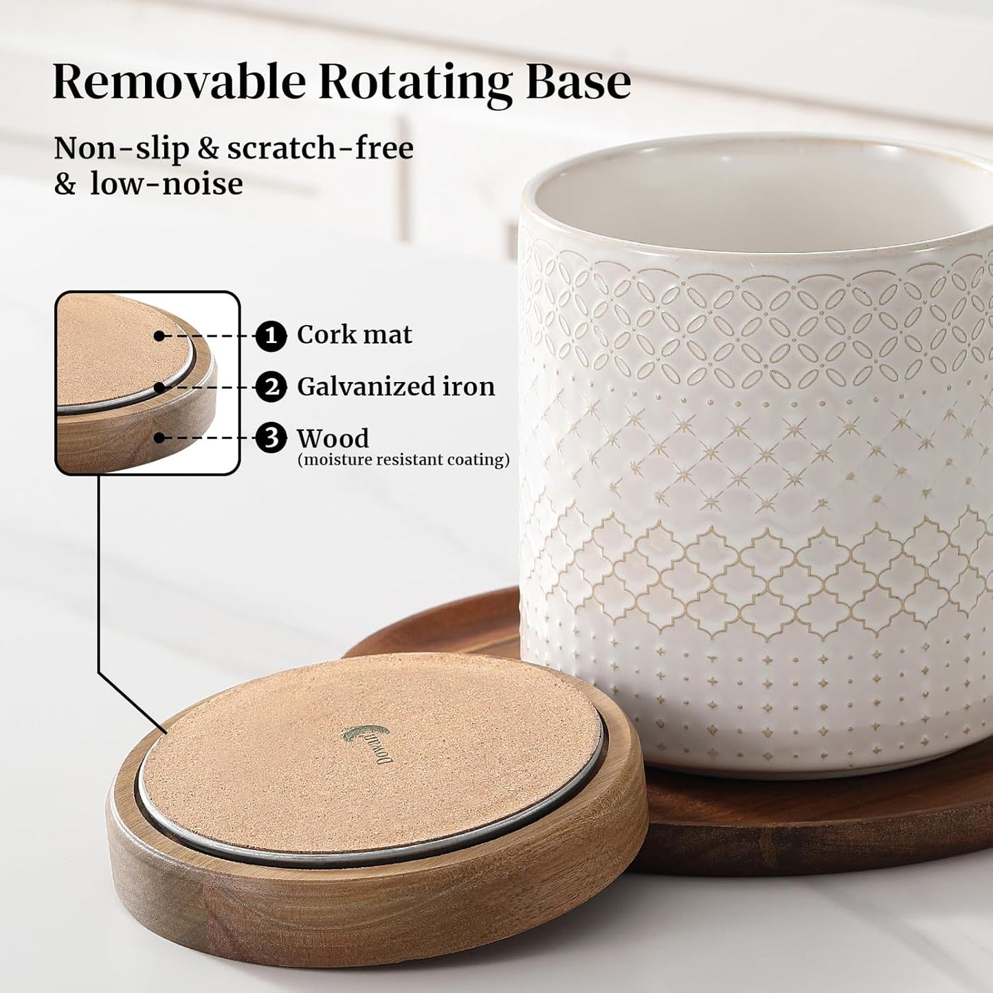 DOWAN 360° Rotating Extra Large Cooking Utensil Holder, 7.6" Kitchen Utensil Holder for Countertop, Utensil Crock for Farmhouse Kitchen Decor, Ceramic Stable Utensil Caddy, White Embossed