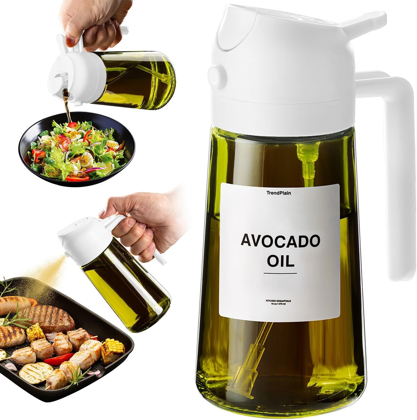 TrendPlain - Original 16oz/470ml Olive Oil Dispenser Bottle for Kitchen Gadgets and Air Fryer Accessories - Olive Oil Sprayer for Cooking w/Stickers - White