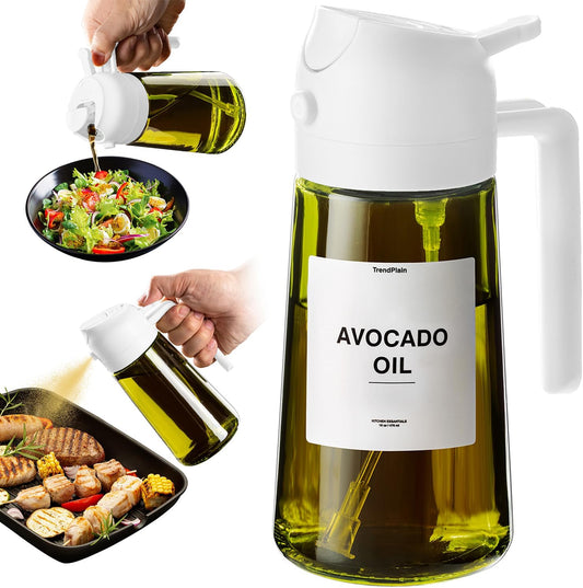 TrendPlain - Original 16oz/470ml Olive Oil Dispenser Bottle for Kitchen Gadgets and Air Fryer Accessories - Olive Oil Sprayer for Cooking w/Stickers - White