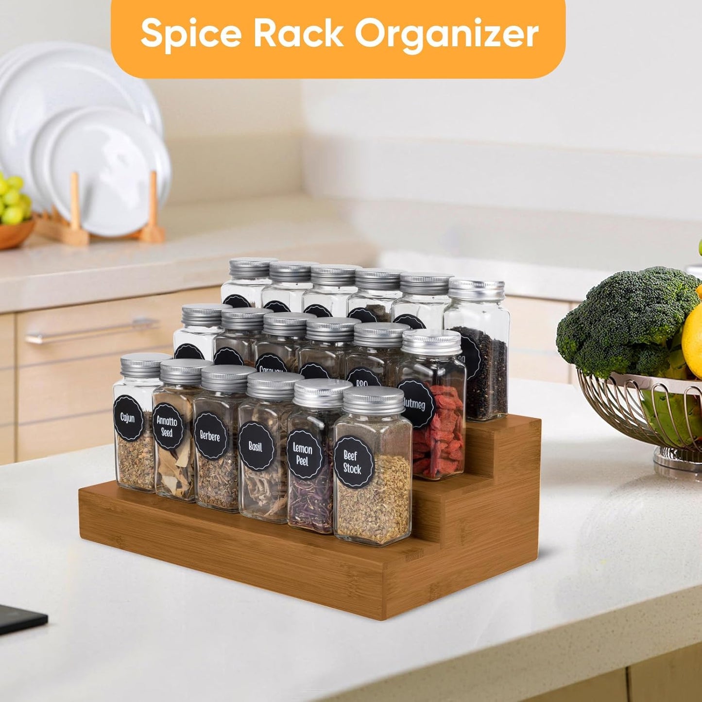 Bamboo Spice Rack Organizer for Cabinet 3 Tier Countertop Step Spice Shelf for Kitchen Storage and Organizer (Brown - 2 Pack)