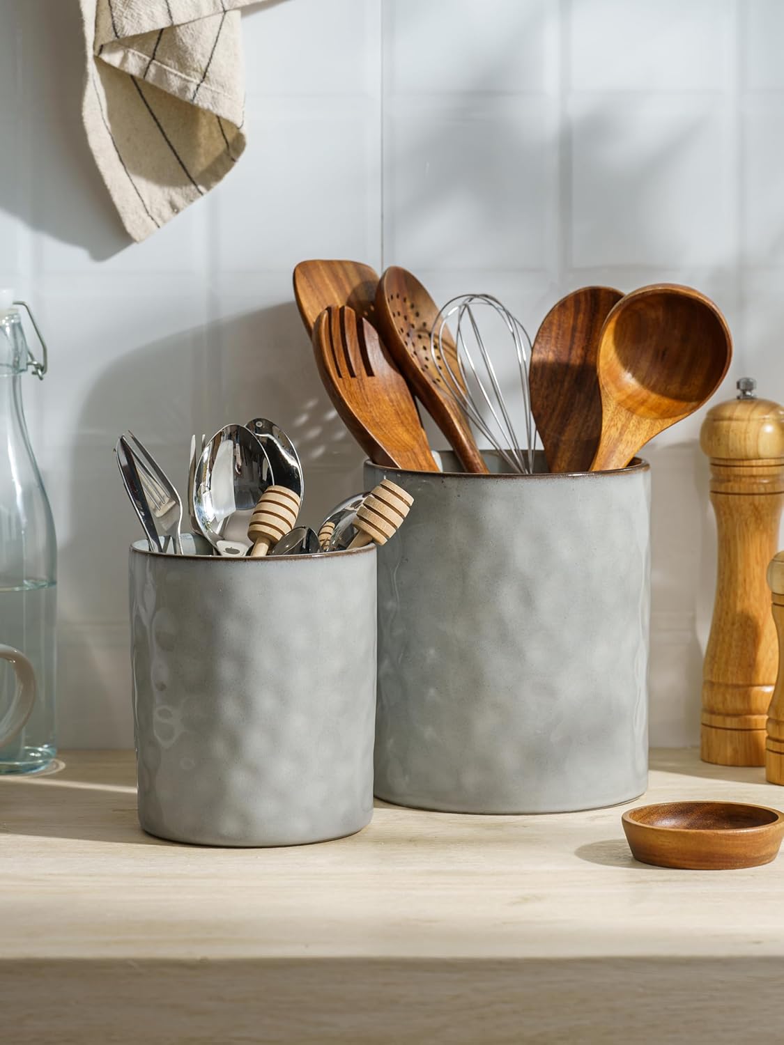famiware Ocean Utensil Holder, 7.2"+5.8" Ceramic Kitchen Utensil Holder for Countertop, 2 Pieces Cooking Utensil Crocks, Utensil Organizer for Spatula & Spoon, Kitchen Decor, Set of 2, Gray