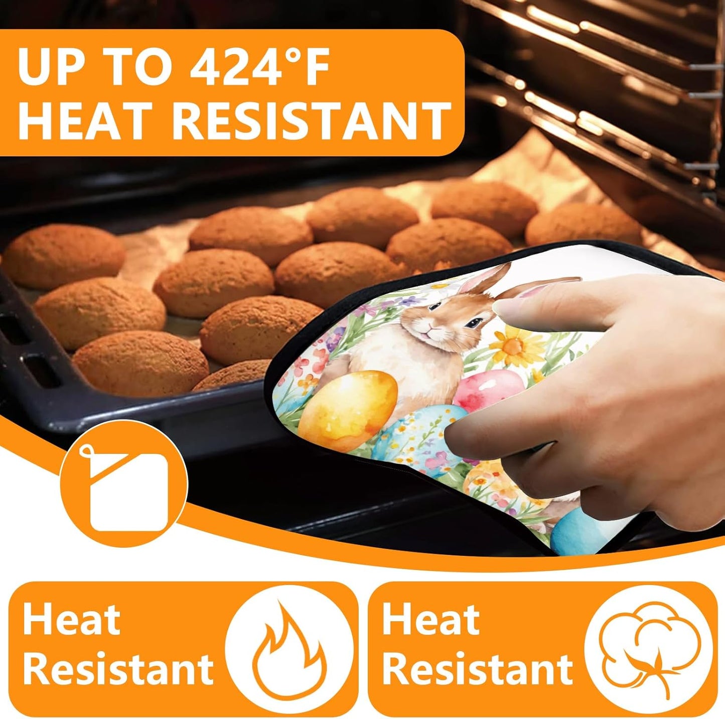 Easter Rabbits Oven Mitts and Pot Holders Sets 4Pcs,Extra Long Oven Gloves Potholder for Kitchen Cooking Baking BBQ 100% Cotton Heat Resistant