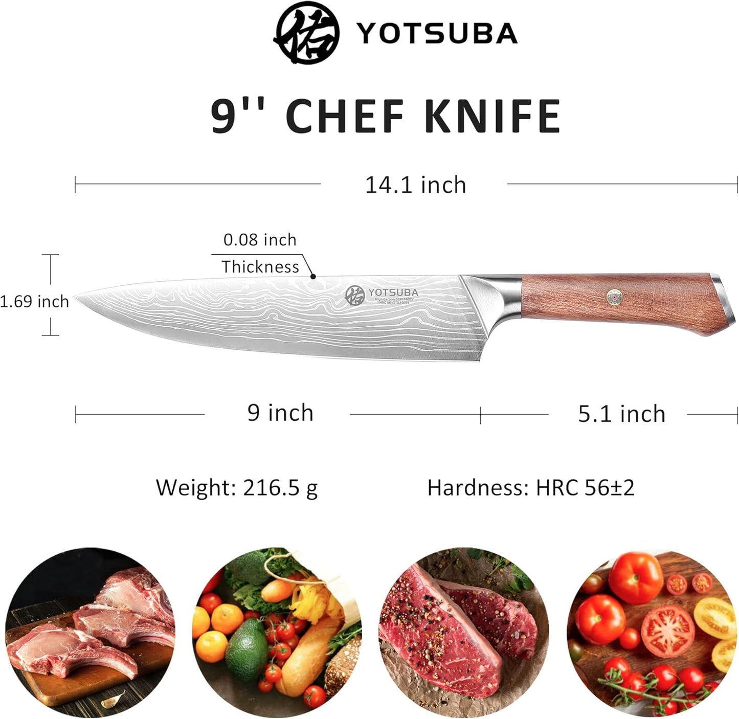 YOTSUBA Chef Knife, 9 Inch Kitchen Chef's Knife, Ultra Sharp High Carbon Steel Professional Cooking Kitchen Knife with Ergonomic Handle, Gift Box Included