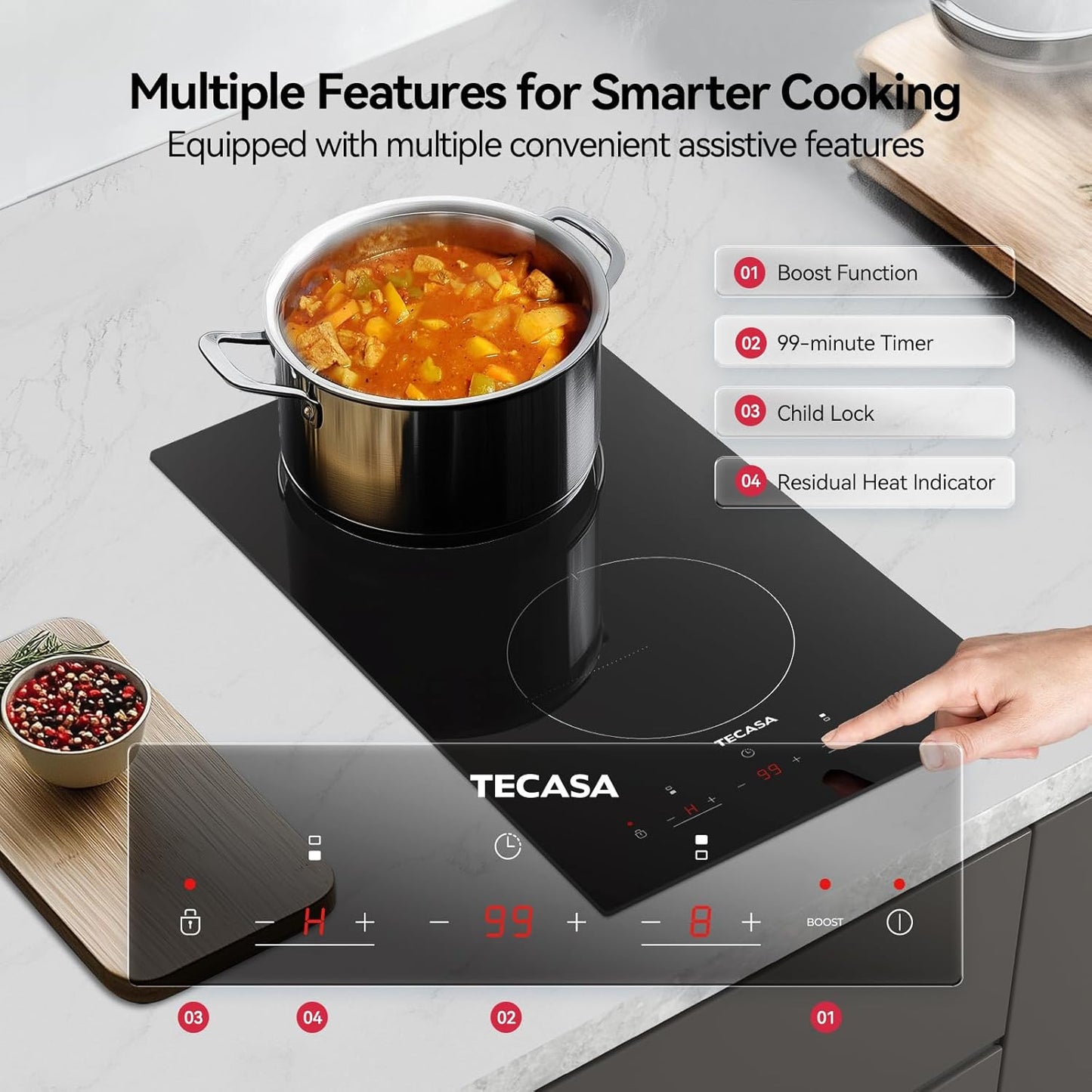 12 Inch Induction Cooktop 3500W, TECASA Built-in Electric Stove with 2 Boost Burners, Compatible with Magnetic Cookers, Timer & Child Safety Lock, 9 Power Levels