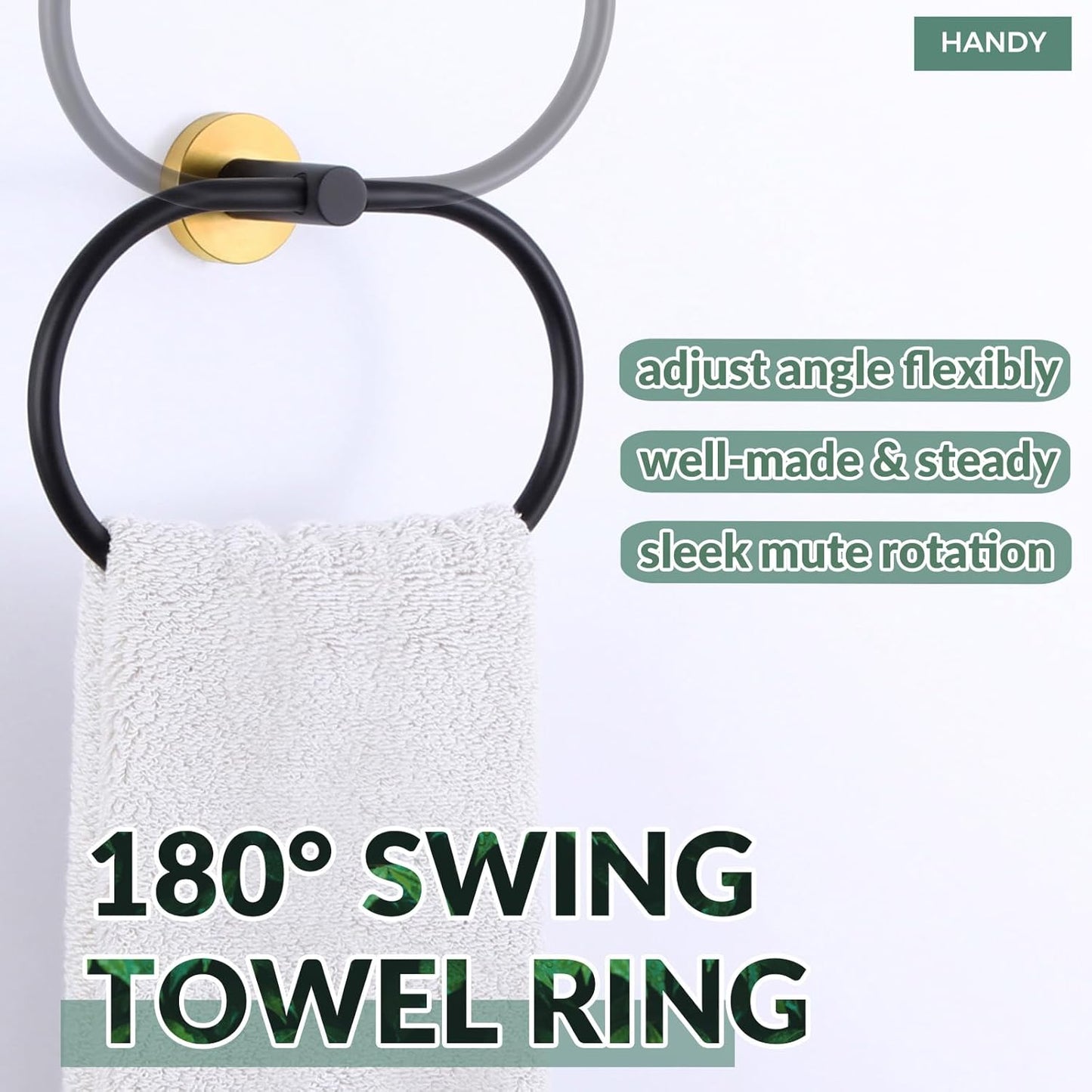 APLusee Black Gold Hand Towel Ring, Stainless Steel Hand Towel Holder for Bathroom Wall Mounted