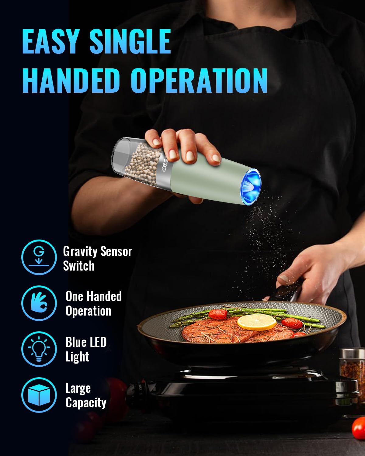 XinXu Gravity Automatic Electric Pepper and Salt Grinder, Auto Salt or Pepper Mill Shaker Stainless Steel,Blue LED Light,One Hand Operated, (Set/Light Green)