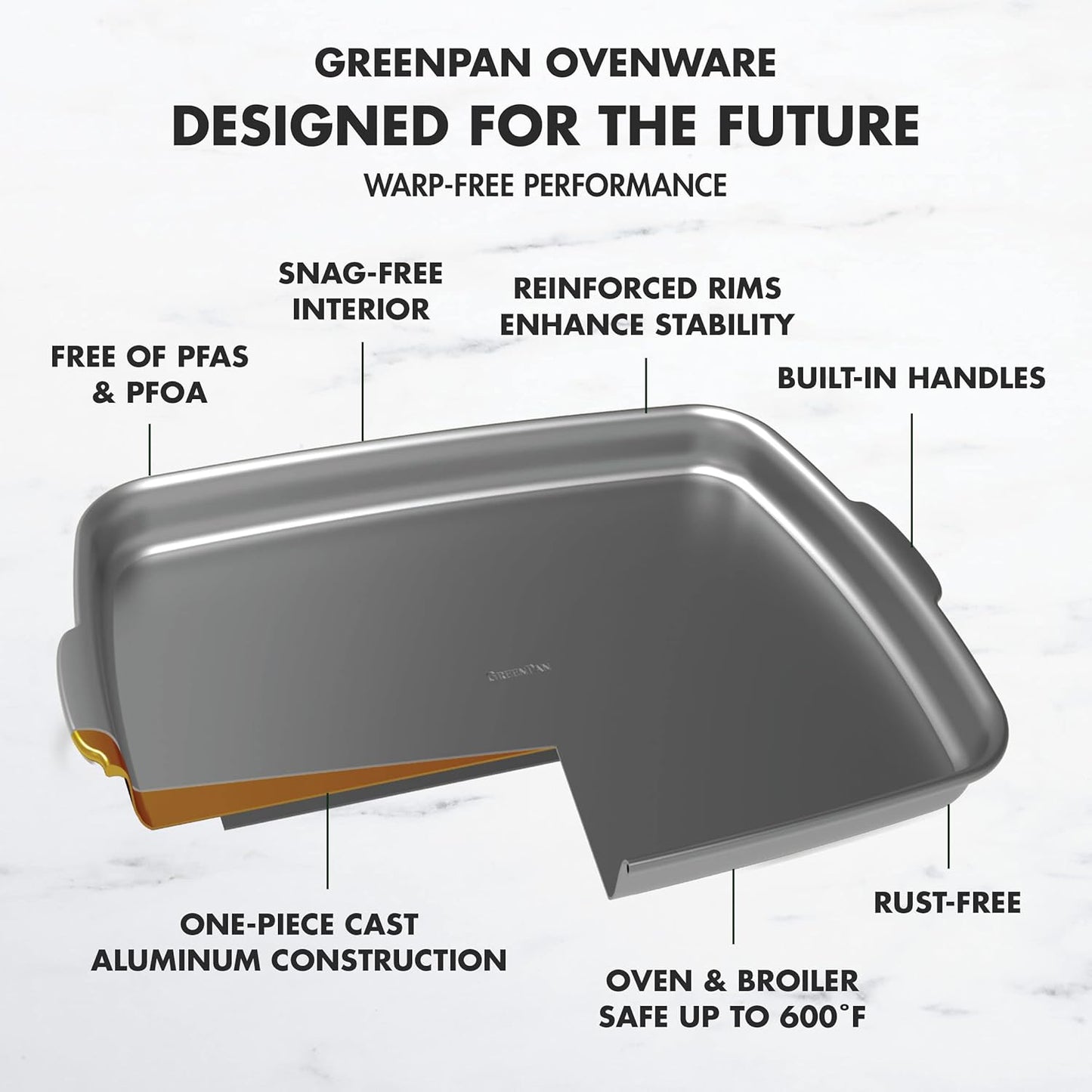 GreenPan Premiere Ovenware Healthy Ceramic Nonstick 18" x 13" Half Rectangular Baking Pan, PFOA & PFAS-Free, Warp-Free Bakeware, Durable Quick Heating Tray, Oven Safe to 600F, Dishwasher Safe, Gray