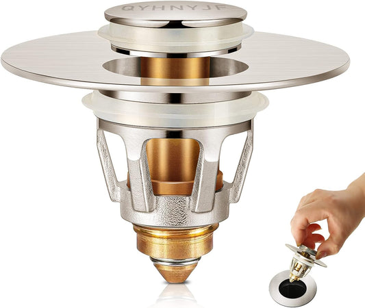 Bathroom Sink Stoppers Brushed Nickel，Pop Up Drain Stopper for Bathroom Sink，‎2-in-1 Sink Stopper & Strainer,Universal Wash Basin Sink Stopper，for 1.1"~1.5" Bathroom Sink Drain Pipe（Brushed Nickel）