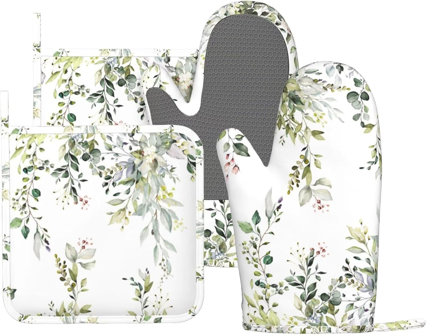 Sage Green Eucalyptus Oven Mitts and Pot Holders Sets Silicone Watercolor Butterfly Leaves Kitchen Mitts Potholders Heat Resistant 4Pcs Oven Gloves Hot Pads for Kitchen Baking Cooking