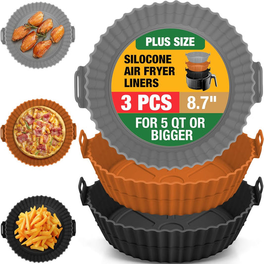 3 Pack Air Fryer Silicone Liners for 5 QT or Bigger, Reusable Food Grade Silicone Airfryer Liners Pot Baking Basket Accessories Replacement of Flammable Disposable Parchment Paper Top 8.7 inch