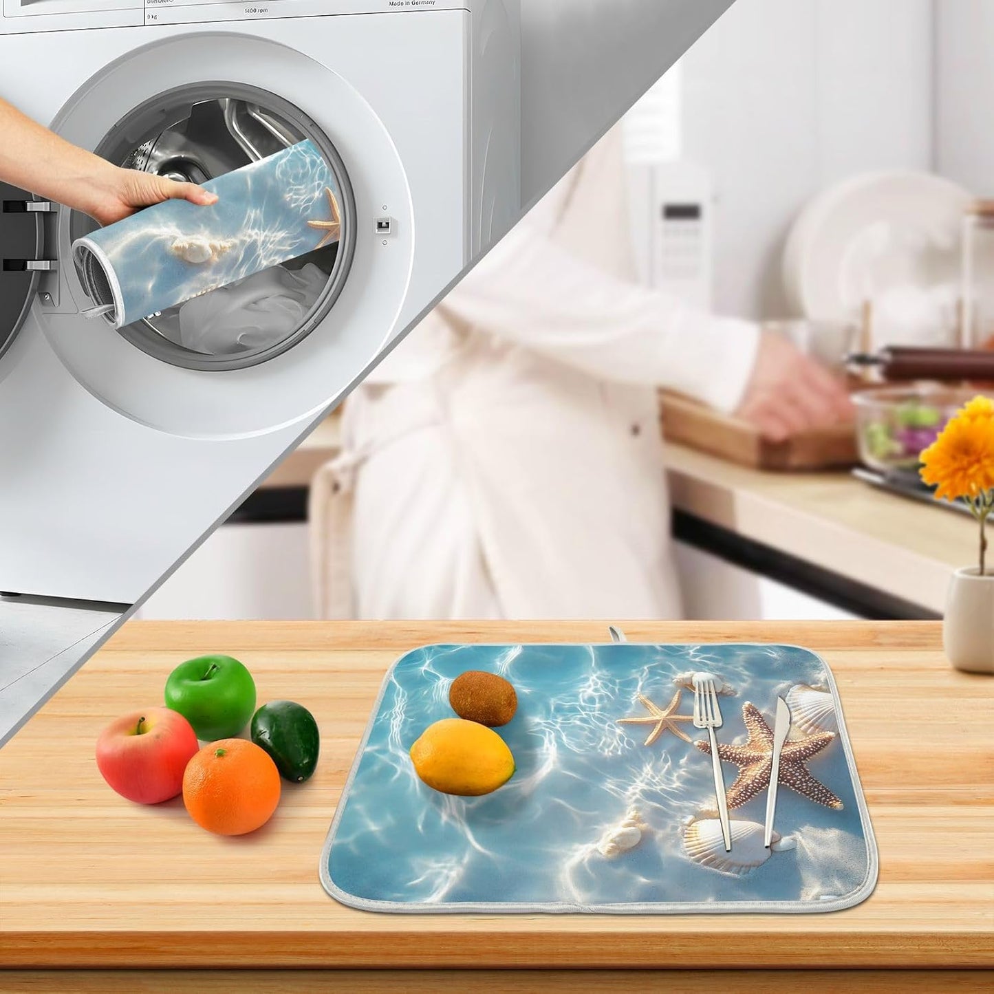 Starfish and Seashell on The Summer Beach Dish Drying Mat for Kitchen Counter Absorbent Microfiber Small Drying Pad Dish mats for Kitchen Countertops 16 x 18 Inch