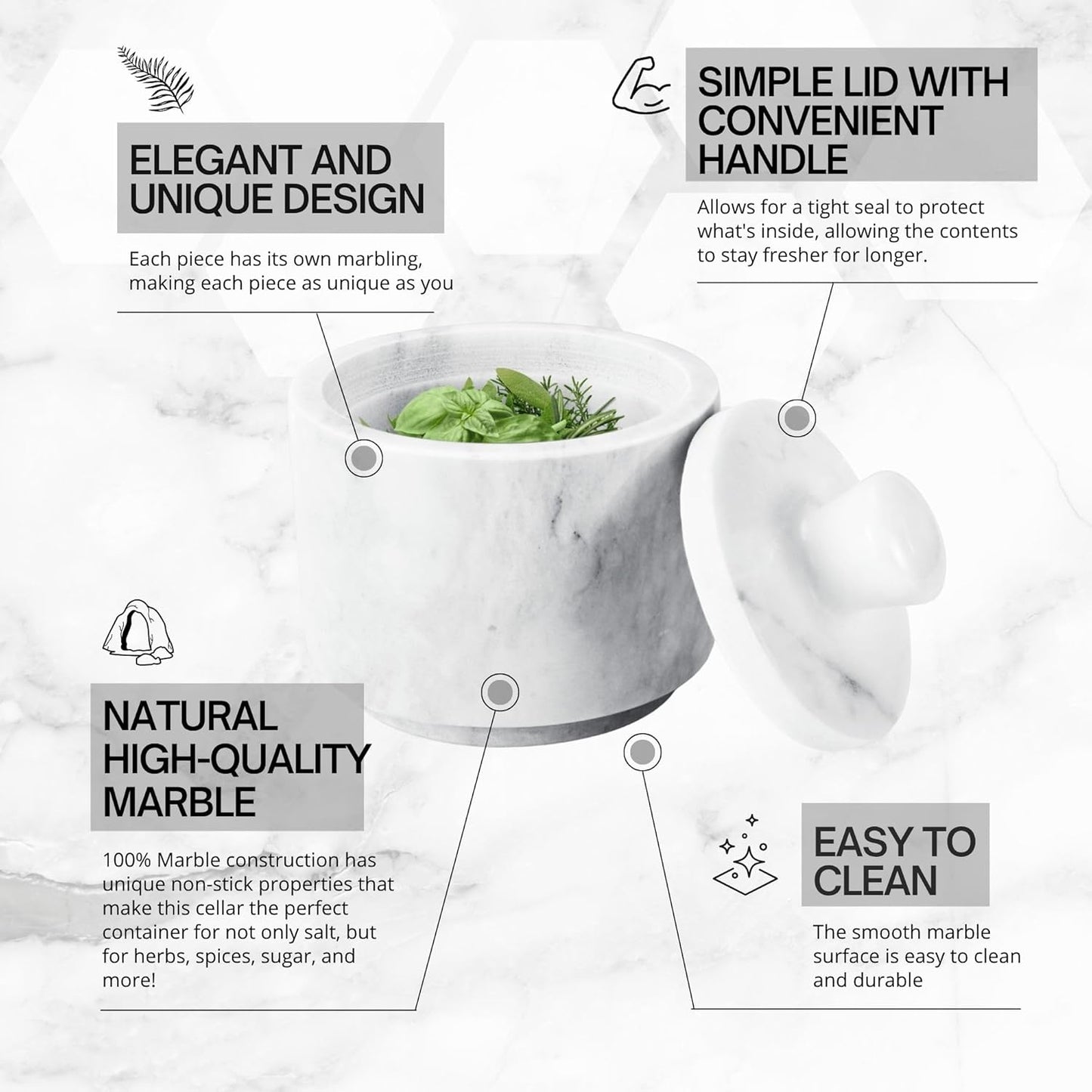 Flexzion Multi-Purpose Marble Container with Lid - Salt, Pepper, Paprika and Powdered Herbs, Marble Box for Jewelry, Watches and Accessories (White)