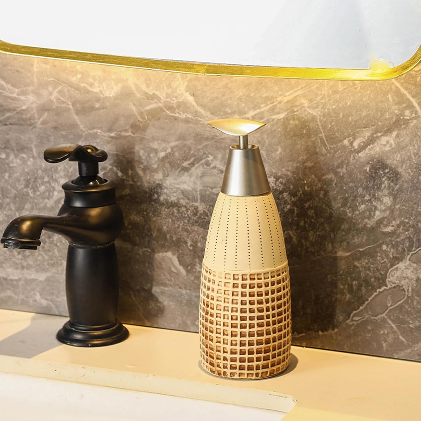 Ceramic Soap Dispenser with Plastic Pump – 12oz Refillable Liquid Dispenser for Bathroom, Kitchen, Office, Hotel, Airbnb, or Vacation Rental (Type F)