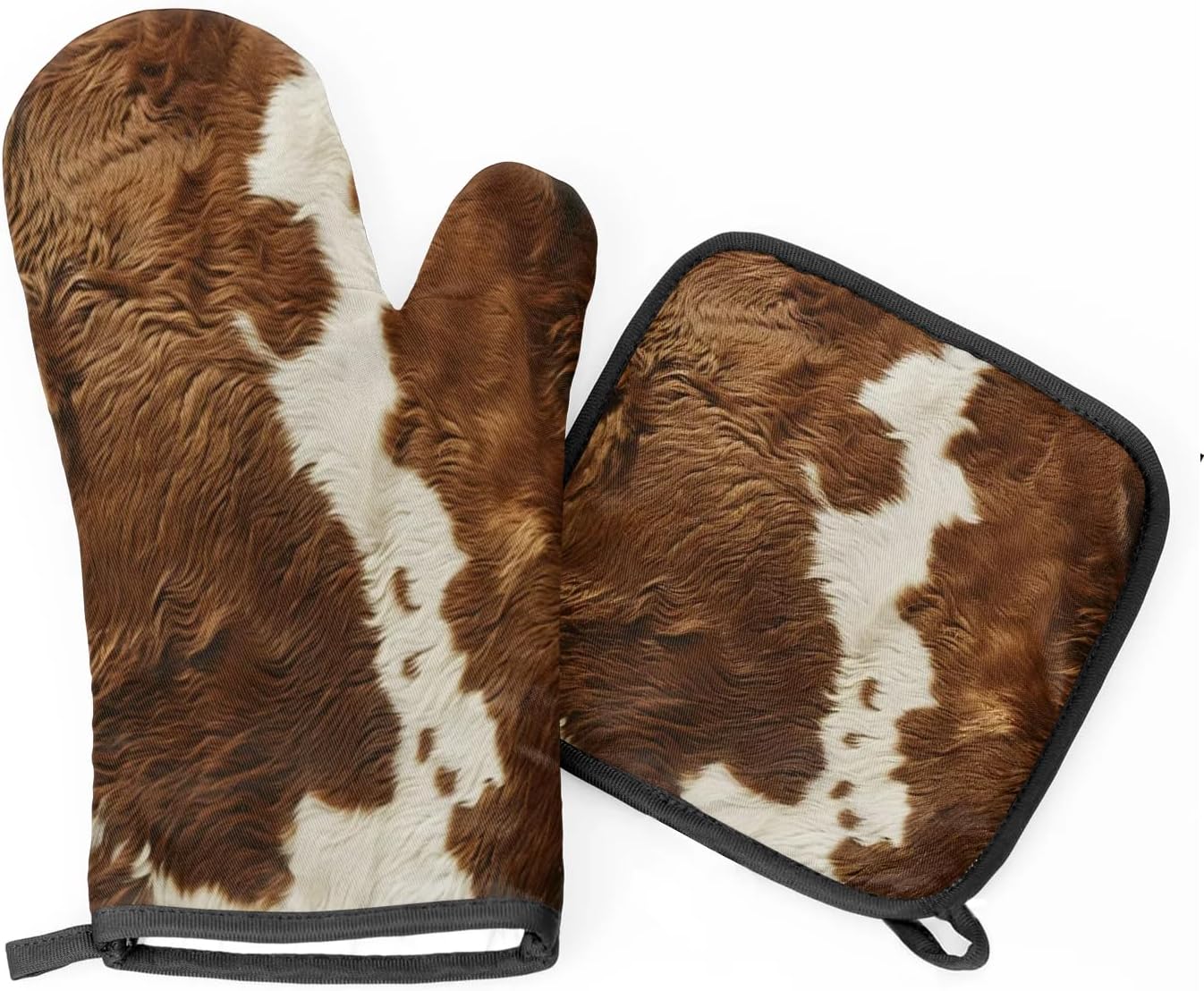 Cow Print Vintage Brown Oven Mitts and Pot Holders Sets, 2 Pcs Cow Decorative Kitchen Oven Glove for Cooking