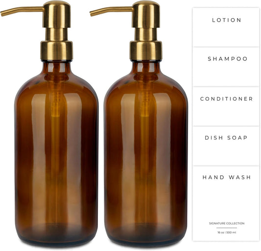 Emerson Essentials Glass Soap Bottle Dispensers, 2 Pack, Stainless-Steel Pumps Rust-Free, Hand Set for Bathroom Kitchen Sink, Liquid Lotion Shampoo Jars with 4 Waterproof Labels, 16 Oz Amber/Gold