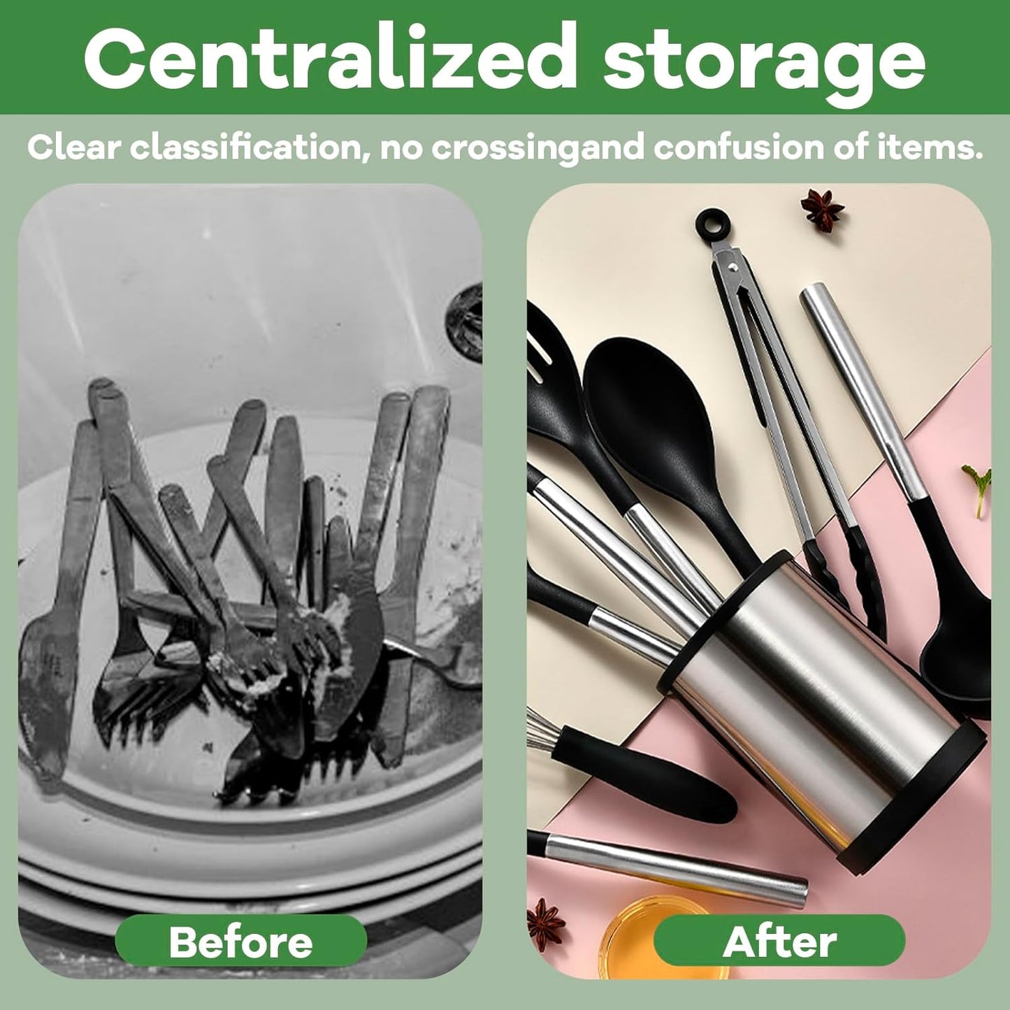 Kitchen Utensil Holder for Countertop, 360°Rotating Cooking Utensil Crocks，4 Compartment Stainless Steel Utensil Holder,6.7”Large Utensil Crock Spoon Fork Knife Holder For Kitchen Counter (khaki)