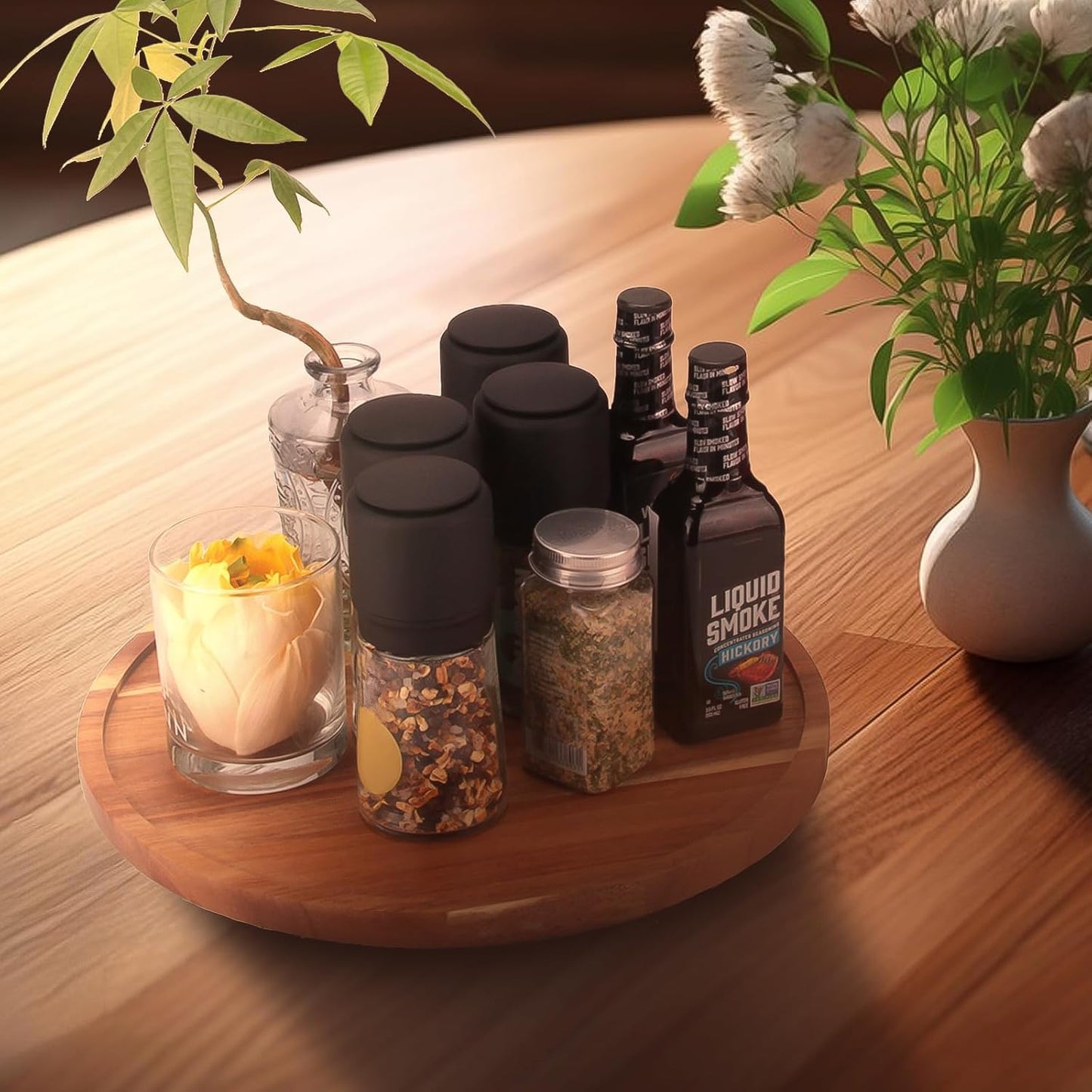 9 inch Wooden Lazy Susan Turntable, Acacia Wood Spinning Organizer for Dining Table, Cabinet, Fridge, countertop, Pantry