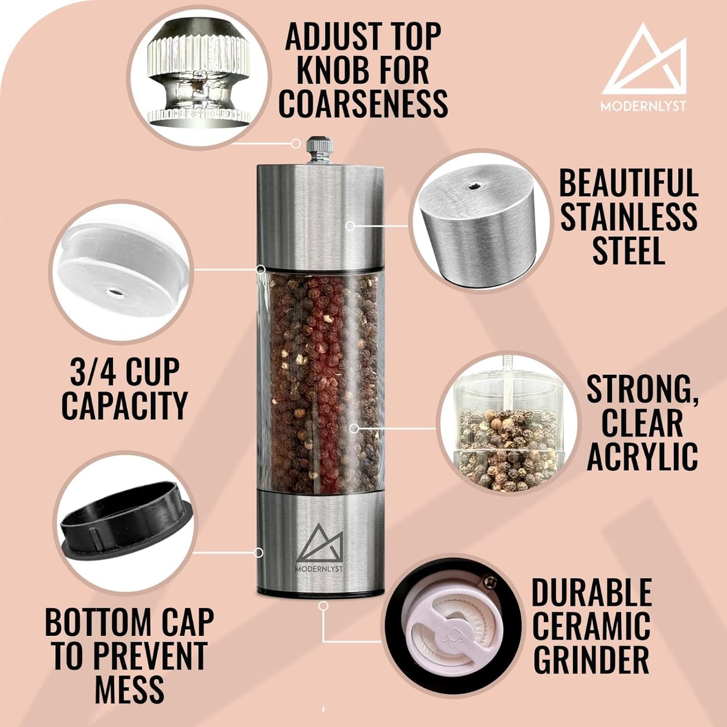 Salt and Pepper Grinder Set Manual 2 Pack | Large Round Salt and Pepper Shakers Set | 7.5 inch Stainless Steel Salt Grinder Refillable | Manual Pepper Grinder (Stainless Steel)