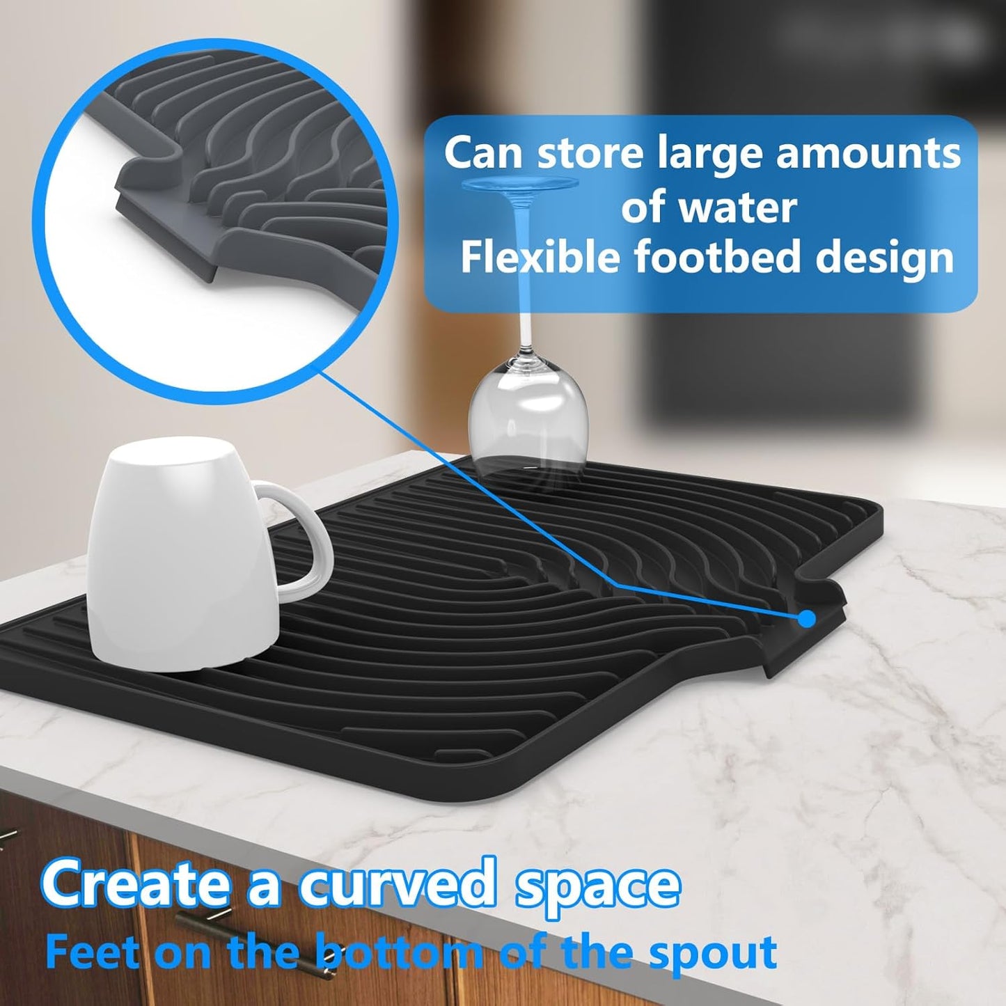 Dish Drying Matt for Kitchen Counter,18"×12"Silicone Dry Rack Mat with Built in Drain, Kitchen Dry Mats for Dishes Drying Pad for Counter(black)