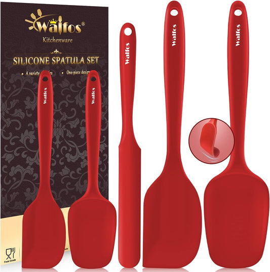 Walfos Silicone Spatula Set of 5-600°F Heat Resistant Kitchen Scraper Spatulas, Strong Steel Core and One-Pieces Seamless Design, Great for Cooking Mixing & Baking - BPA Free & Dishwasher Safe (Red)