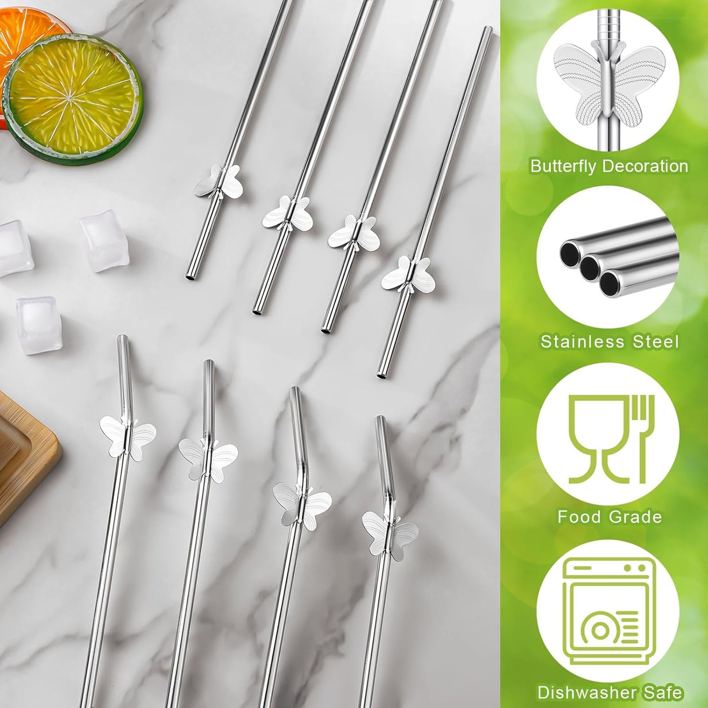 8 Pack 8" Reusable Stainless Steel Metal Straws, 4 Straight + 4 Bent Metal Drinking Straws for Tumblers Beverage Drink with Butterfly Charms and 1 Cleaning Brush