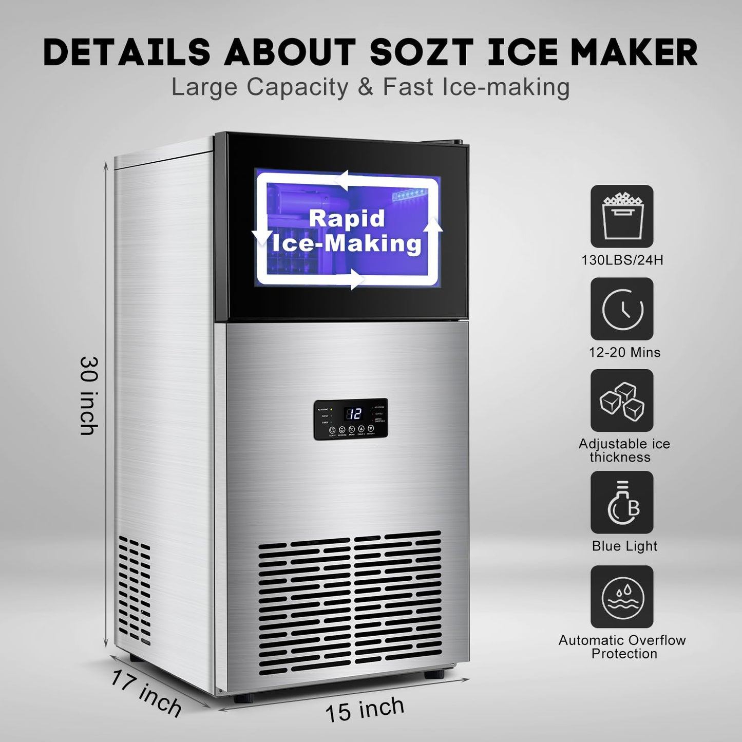130LBS/24H Commercial Ice Maker Machine with 35LBS Capacity - Stainless Steel Undercounter/Freestanding Ice Cube Maker for Home Bar & Outdoor Use - Automatic Operation